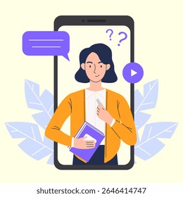Educação online em um smartphone. Uma professora conduz uma lição em um smartphone. Conceito de aprendizagem online. Ilustração vetorial