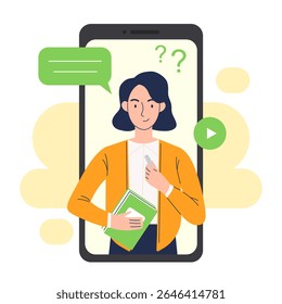 Educação online em um smartphone. Uma professora conduz uma lição em um smartphone. Conceito de aprendizagem online. Ilustração vetorial