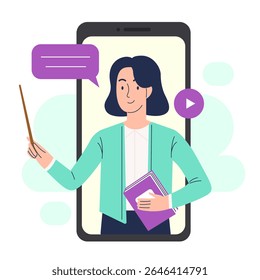 Educação online em um smartphone. Uma professora conduz uma lição em um smartphone. Conceito de aprendizagem online. Ilustração vetorial