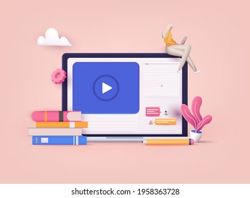 Online education on website. Application learning. Computer with open pages. 3D Vector Illustrations.