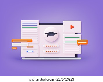 Online education on website. Application learning. Computer with open pages. 3D Vector Illustrations.