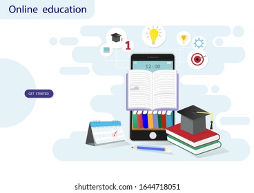 Online education on website and mobile website with book smartphone electronic library. Online training courses. conceptual vector illustration for web, graphic design, Landing page template