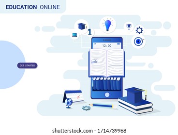 Online Education On Website And Mobile Website With Book Smartphone Electronic Library. Online Training Courses. Conceptual Vector Illustration For Web, Graphic Design, Landing Page Template