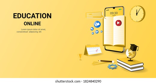 Online education on website and mobile application with book smartphone electronic library. Online training courses. conceptual vector illustration for web, graphic design, Landing page template