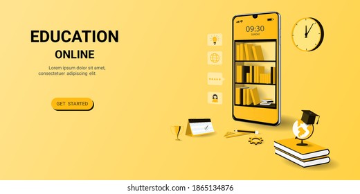 Online education on website and mobile application with book smartphone electronic library. Online training courses. Digital Library. Concept for web, graphic design, Landing page template. vector