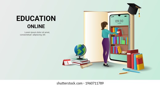 Online education on website and mobile application with book smartphone electronic library. Online training courses. Digital Library. concept for web, graphic design, Landing page template. 3D Vect