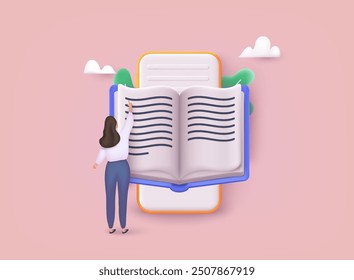 Online education on website and mobile application with book smartphone electronic library. 3D Web Vector Illustrations.