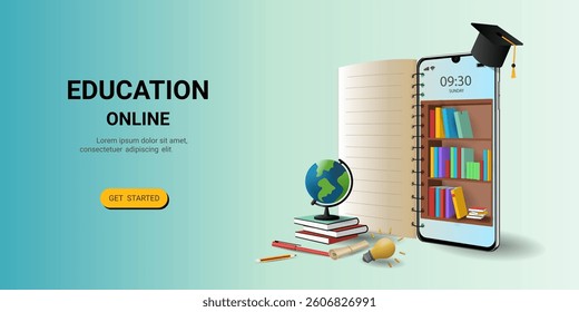 Online education on website and mobile application with book smartphone electronic library. Online training courses. Digital Library. Concept for web, graphic design, Landing page template. vector 3d
