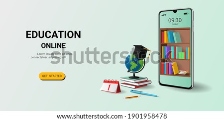 Online education on website and mobile application with book smartphone electronic library. Online training courses. Digital Library. Concept for web, graphic design, Landing page template. vector