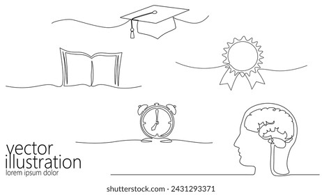 Online education one line graduation icon set. E-learning training skill courses. Certificate student diploma sketch continuous line banner template vector illustration