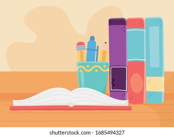 online education, open book and books stand supplies stationery vector illustration