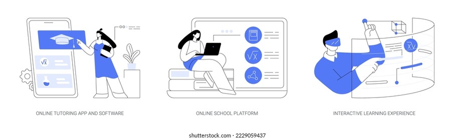 Online education opportunities abstract concept vector illustration set. Online tutoring app and software, virtual school platform, interactive learning experience, homeschooling abstract metaphor.