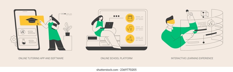 Online education opportunities abstract concept vector illustration set. Online tutoring app and software, virtual school platform, interactive learning experience, homeschooling abstract metaphor.