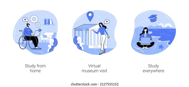 Online education opportunities isolated cartoon vector illustrations set. Study from home, virtual museum visit, distance learning with flexible schedule, disabled people education vector cartoon.