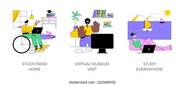 Online education opportunities isolated cartoon vector illustrations set. Study from home, virtual museum visit, distance learning with flexible schedule, disabled people education vector cartoon.