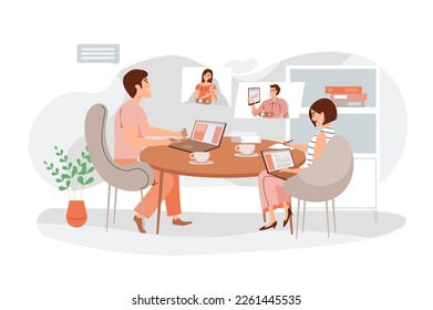 Online education orange concept with people scene in the flat cartoon style. Two students study online because it is more convenient. Vector illustration.
