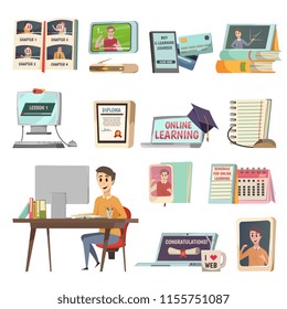 Online education orthogonal set with learning courses app in phone and notebook tutorials diploma and schedule in memo book flat icons vector illustration
