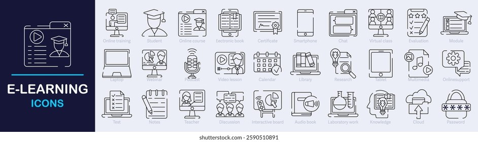 Online Education Outline Vector Icon Collection. E-learning. A set of outline icons related to online course, digital education, video tuition and more. Editable stroke. Vector illustration