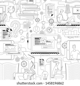 Online Education Outline Vector Seamless Pattern. Students And Pupils Studying, Using Laptops, Smartphones Background. E Learning, Internet Courses, Remote School, University Wrapping Paper Design