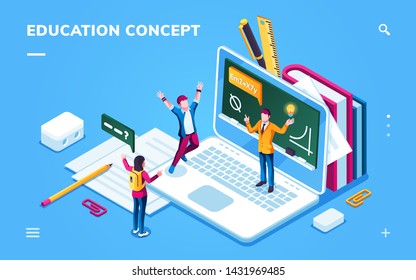 Online education page for smartphone application or digital college, school banner with man and woman student. E-learning page with notebook and people. Digital course, tutorial, information concept