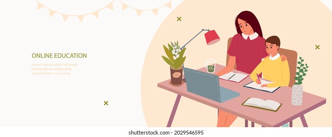 Online education. Parents helping children do homework landing page. Learning, studying process at home. Distance education, online books, exam preparation. Family read book flat vector illustration.