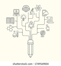 Online education pattern with linear icons. E-learning, online course, webinar, e-book, video conference, home studying. Modern line style vector illustration. 