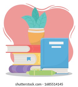 online education, pen and plant on books school vector illustration