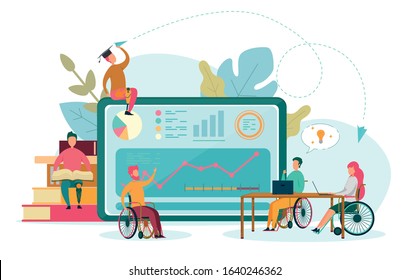 Online Education for People with Disabilities Flat Cartoon Vector Illustration. Large Tablet with Graphs and Charts. People in Wheelchairs Sitting at Table with Laptops. Boys with Leg Prosthesis.