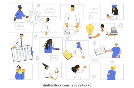 Online education. People talking to each other about learning goals and collaborating. Internet conversations and collaborations between students. Virtual classroom. Vector simple illustration.