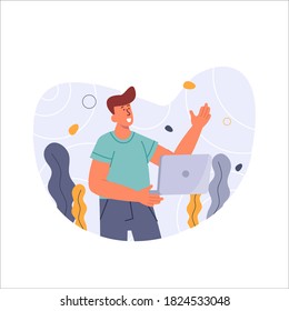 Online Education, person holding laptop, online class from home vector illustration for website