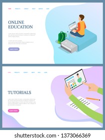 Online education, person writing text in laptop, sitting on flesh drive. Tutorials website, hands holding tablet with info, distant learning concept, vector