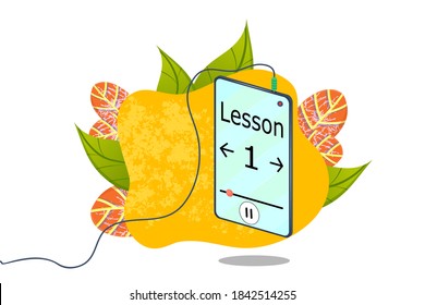 Online education, phone with earpiece in the mode of listening to lectures and lessons. Smartphone on the background of leaves and leaves. Online learning. Vector illustration in flat style.