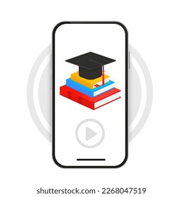 Teléfono educativo en línea. Una pila de libros, una hoja de papel y un gorro académico cuadrado aislado en fondo blanco. Aprendizaje constante a lo largo de toda la vida. Banner web de grado universitario. Ilustración del vector