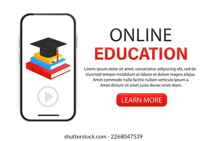 Online education phone. A stack of books, a sheet of paper and a square academic cap isolated on white background. Lifelong constant learning. University degree web banner. Vector illustration