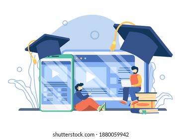 Online education platform concept. man sit on stack of books to access education platform. E-Learning platform, online teaching, distance education, laptop screen. vector illustration