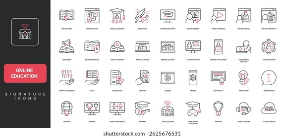 Online education platform, digital book study by student, course and academy class line icon set. Digitalization of school and tuition, teaching, tests thin black and red symbols vector illustration