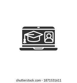 Online education platform glyph icon. Virtual learning concept, graduation cap on laptop display. Mobile learning. Home education. Vector illustration design on white background. EPS 10