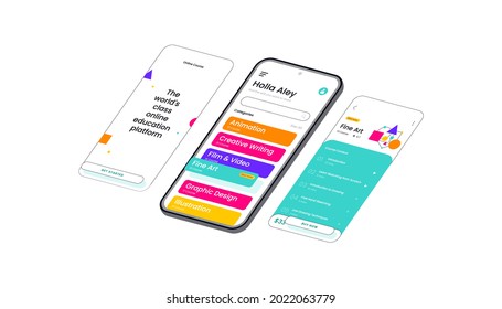 Isometrische 3D-Vektorgrafik der Online-Bildungsplattform Mobile Benutzeroberfläche, geeignet für Webbanner, Diagramme, Infografiken, Buchillustration, Game Asset und andere grafische Objekte
