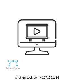 Online education platform line icon. Virtual learning concept, graduation cap on laptop display. Mobile learning. Home education. Editable stroke vector illustration design on white background. EPS 10