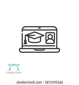 Online education platform line icon. Virtual learning concept, graduation cap on laptop display. Mobile learning. Home education. Editable stroke vector illustration design on white background. EPS 10