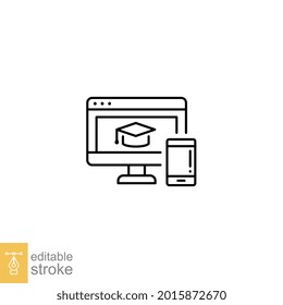 Online education platform line icon. Virtual learning concept, graduation cap on laptop display. Mobile learning. Home education. Editable stroke vector illustration design on white background. EPS 10