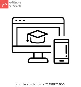 Online education platform line icon. Virtual learning concept, graduation cap on laptop display. Mobile learning. Home education. Editable stroke vector illustration design on white background. EPS 10
