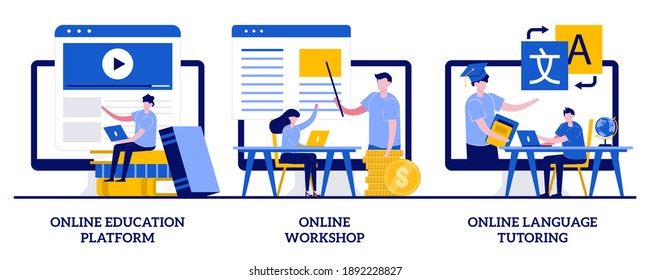 Online education platform, workshop and language tutoring concept with tiny people. Distance web learning abstract vector illustration set. Video call, educational webinar, personal courses metaphor.