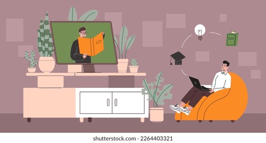 Online education process. Cute guy listens. Man watches web lesson. Digital lecture. Teacher teaches remotely. Modern training. Internet study course. Boy with laptop