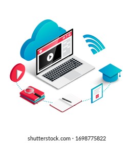 Online education process isometric concept. 3d symbol video lesson, research of material, practice, exam and graduation. E-learning, training courses, online school and university vector illustration