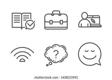 Online education, Question mark and Wifi icons simple set. Portfolio, Approved documentation and Smile signs. Internet lectures, Quiz chat. Technology set. Line online education icon. Editable stroke