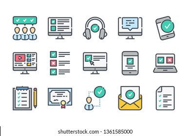 Online Education related color line icon set. E-learning and testing linear icons. Exam and quiz colorful outline vector sign collection.