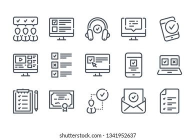 Online Education related line icon set. E-learning and testing vector linear icons.