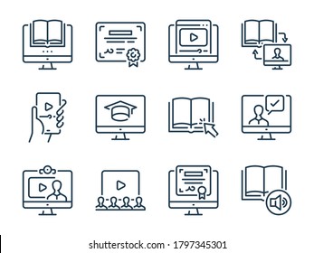 Online Education related vector line icons. E-learning and Remote Learning outline icon set.