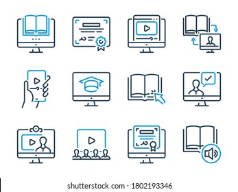 Online Education related vector line icons. E-learning and Remote Learning outline icon set.